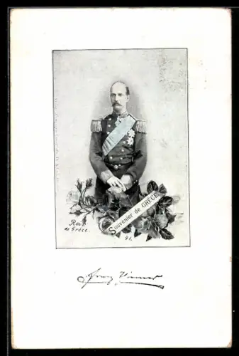 AK König von Griechenland in Uniform mit Schärpe, Blumen
