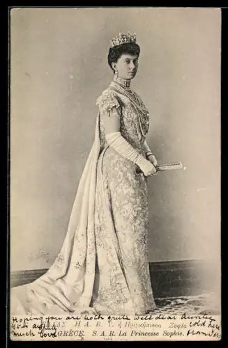 AK Prinzessin Sophie von Griechenland im Schärpenkleid mit Krone