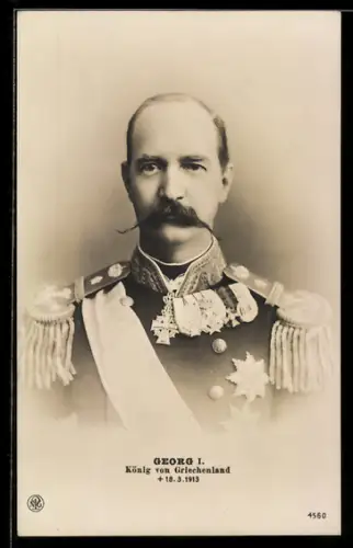 AK Georg I., König von Griechenland, Portrait mit Sterbedatum 1913