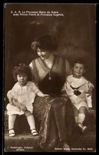 AK Princesse Marie de Grece avec Prince Pierre et Princesse Eugenie