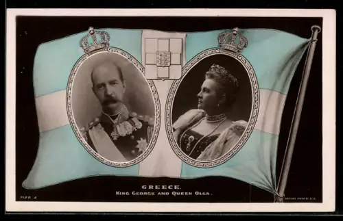 AK King George and Queen Olga of Greece, Portraits, Flag