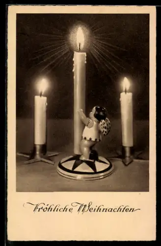 AK Weihnachtsengel mit brennender Kerze, Holzspielzeug