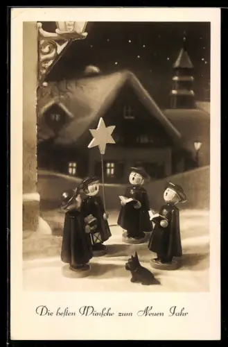 AK Singende Holzfiguren mit Weihnachtsstern, Holzspielzeug