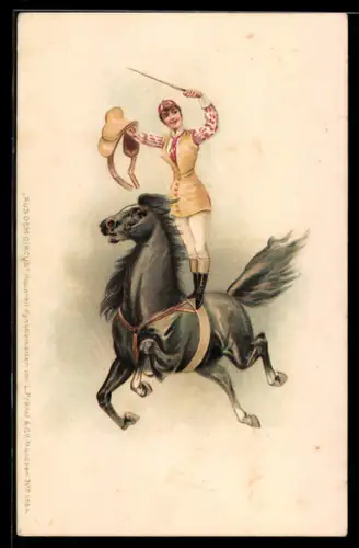 AK Frau steht auf einem Pferd