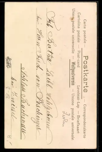 AK Frau steht auf einem Pferd