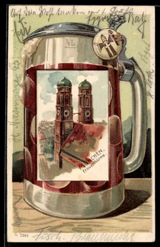 Passepartout-Lithographie München, Türme der Frauenkirche auf Bierkrug, Münchner Kindl