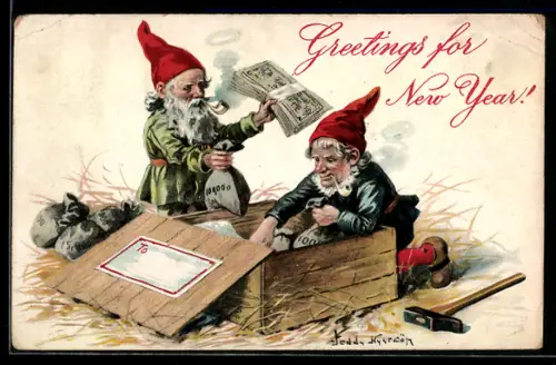 AK Zwei Zwerge holen Geldsäcke und Geldscheinbündel aus einer Kiste, Neujahrswünsche