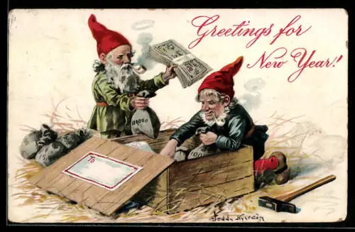 AK Zwei Zwerge mit Geldsäcken und Geldscheinbündeln, Neujahrswünsche