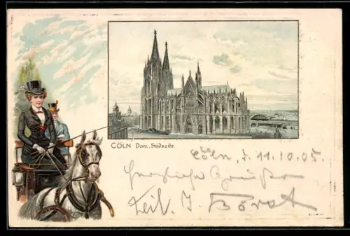 Passepartout-Lithographie Cöln, Blick auf den Dom, Südseite, Frau mit Zylinder auf Kutschbock