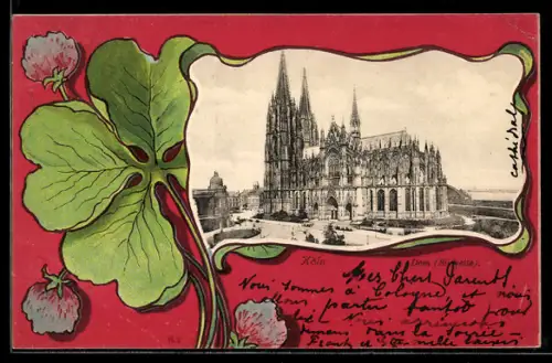 Passepartout-Lithographie Köln, Blick auf den Dom von Süden, Kleeblatt