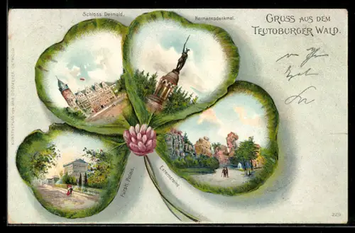 Passepartout-Lithographie Detmold / Teutoburger Wald, Schloss und Hermannsdenkmal im Denkmal