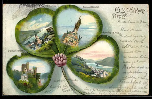 Passepartout-Lithographie Bacharach /Rhein, Niederwalddenkmal, Schloss Rheinstein, Gutenfels a.d. Pfalz