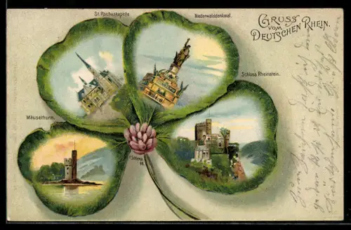 Passepartout-Lithographie Niederwalddenkmal, St. Rochuskapelle, Mäusethurm, Schloss Rheinstein