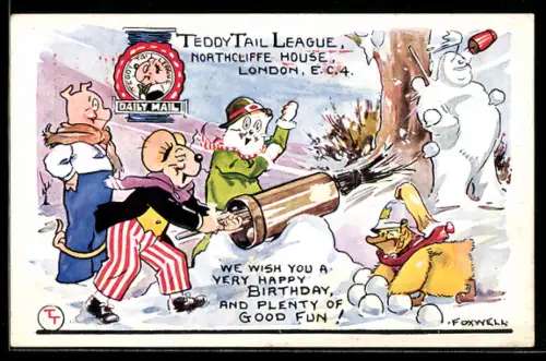 AK Comicfigur Teddy Tail schiesst mit einer Schneeball-Kanone, Happy Birthday Greetings
