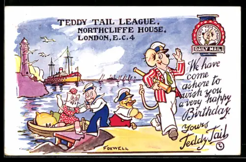AK Teddy Tail League, Northcliffe House, London, We have come ashore to wish you a happy birthday, Comic