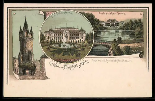 Lithographie Frankfurt a. Main, Zoologischer Garten, Palmengarten und Eschenheimer Thor