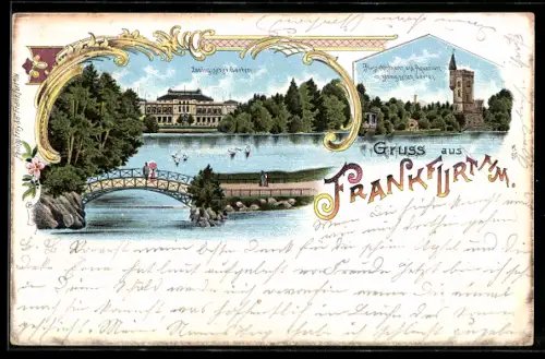 Lithographie Frankfurt, Zoologischer Garten, Aussichtsturm und Aquarium