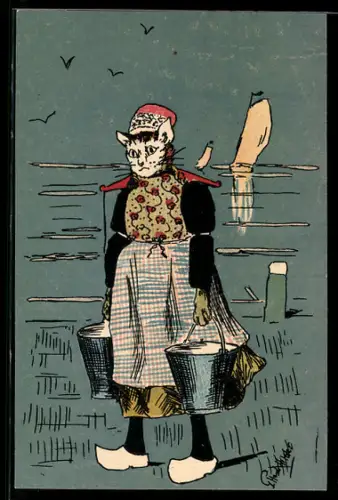 Künstler-AK Katzenfrau trägt zwei schwere Eimer