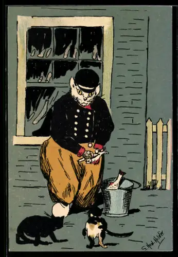 Künstler-AK Fischerkatze füttert zwei kleine Katzen mit Fisch