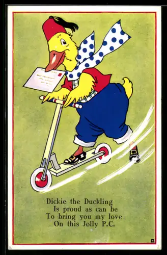 AK Entenküken mit Brief im Schnabel auf einem Roller