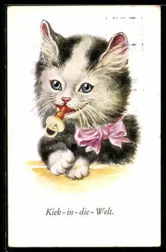 AK Kätzchen mit rosaner Schleife und Schnuller im Maul