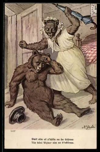 Künstler-AK Bärenfrau schimpft ihren Mann aus