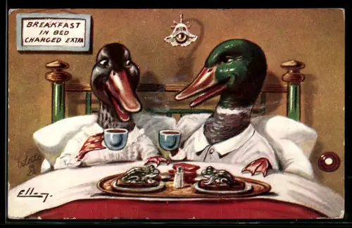 Künstler-AK Zwei Enten sitzen zusammen zum Frühstück im Bed