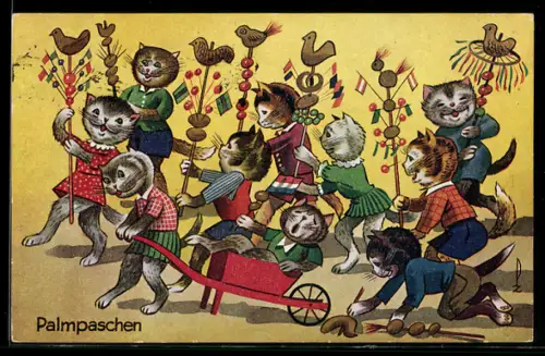 AK Palmpaschen, feiernde Katzenkinder mit Wimpeln