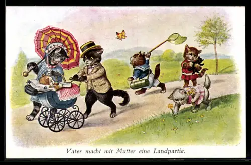 AK Katzen, Vater macht Mutter eine Landpartie, Katzenfamilie beim Ausflug mit Kinderwagen