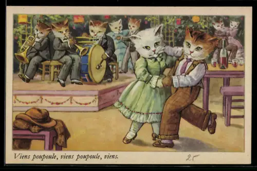 AK Fröhliche Katzen beim Tanz, vermenschlichte Tiere