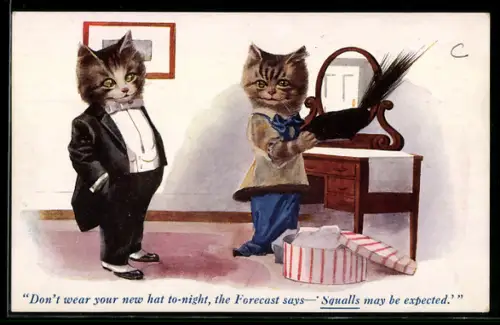 AK Katzendame hält ihren neuen Hut in den Pfoten