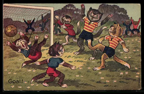 AK Katzen beim Fussball, vermenschlichte Tiere