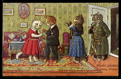 AK Glückliche Katzen feiern die Verlobung, vermenschlichte Tiere