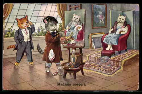 Künstler-AK Katzendame sitzt Modell beim Maler