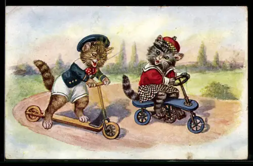 AK Katzenjunge fährt mit dem Roller, vermenschlichte Tiere