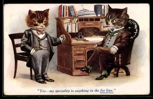 AK Kater in feinem Anzug bei einem Bewerbungsgespräch, Yes, my specialty is anything in the fee line