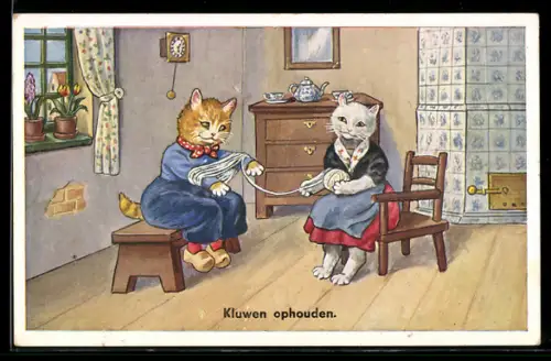 AK Niederlandisches Katzenpaar in Tracht beim Wollewickeln in der Stube