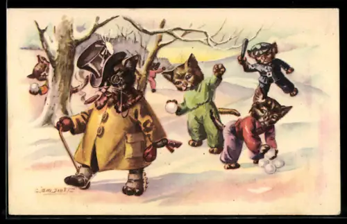 AK Katzen haben eine Schneeballschlacht