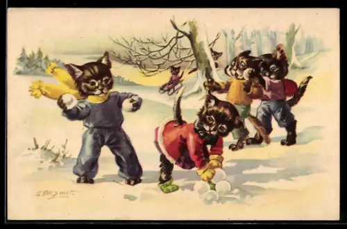 Künstler-AK Kleine Katzenkinder bei einer Schneeballschlacht