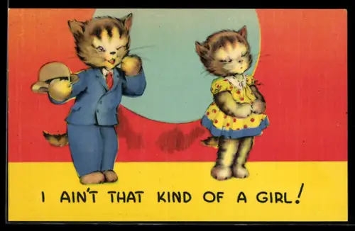 AK Katzenfrau in gepunktetem Kleid verschmäht einen Katzenherrn im Anzug