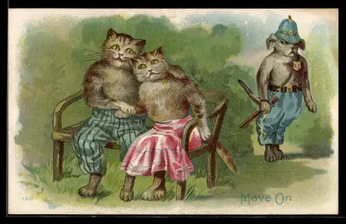 AK Polizisthund beobachtet ein Katzenpaar auf einer Bank