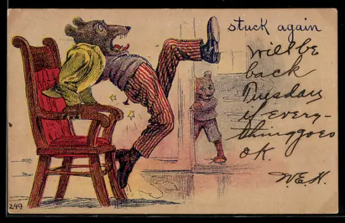 AK Bär im Anzug fährt erschrocken aus dem Stuhl hoch, Stuck again
