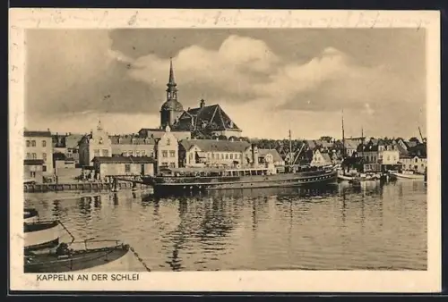 AK Kappeln, Teilansicht mit Hafen und Kirche, Dampfer