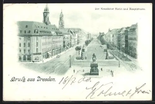 Künstler-AK Dresden-Neustadt, Neustädter Markt und Hauptstrasse