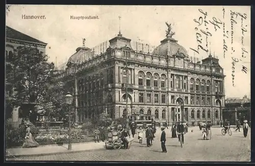 AK Hannover, Hauptpostamt mit Strassenpartie