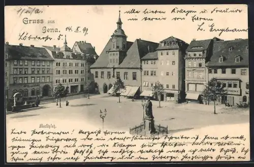 AK Jena, Marktplatz mit Geschäften und Monument
