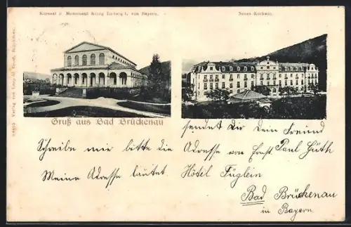 AK Bad Brückenau, Neues Kurhaus, Kursaal und Monument König Ludwig I. von Bayern
