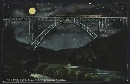Künstler-AK Müngsten /Berg. Land, Kaiser Wilhelm-Brücke mit Eisenbahn bei Mondschein