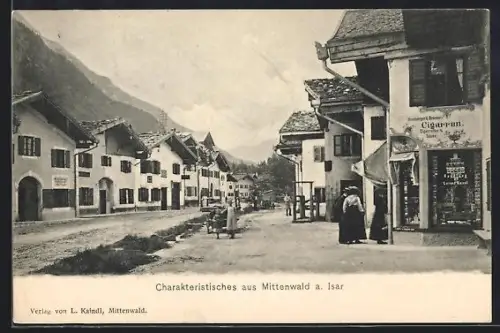 AK Mittenwald a. Isar, Ortspartie mit Cigarren-Handlung