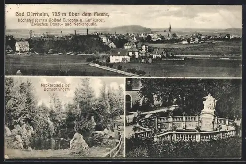 AK Bad Dürrheim, Neckarquelle bei Schwenningen, Denkmal und Totalansicht vom Ort